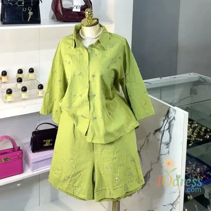 IO Dress Summer Women's Suit Shorts High Waist Two Piece Set Short Pants Button Front Shirt Wide Leg Casual Shorts Light Blue Linen Pants IO Dress