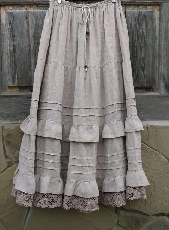 Vintage Cotton Linen Lace With Ruffles Skirt