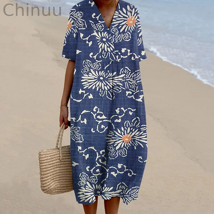 Japanese Art Flower Print V-Neck Casual Midi Dress