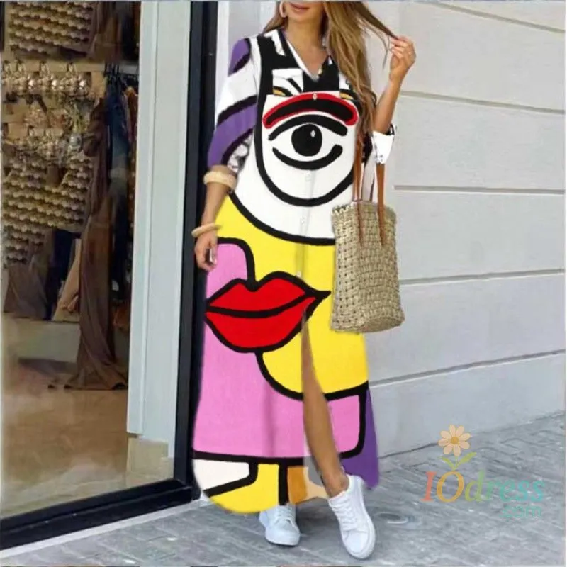 IO Dress New Women's Fashion Spring And Autumn Printed Long Sleeved Long Sleeved Shirt Dresses Elegant Flip Collar Button Split Vestidos IO Dress