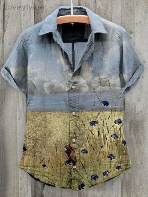 Women's Golden Beach Bird Floral Vintage Cotton and Linen Shirt