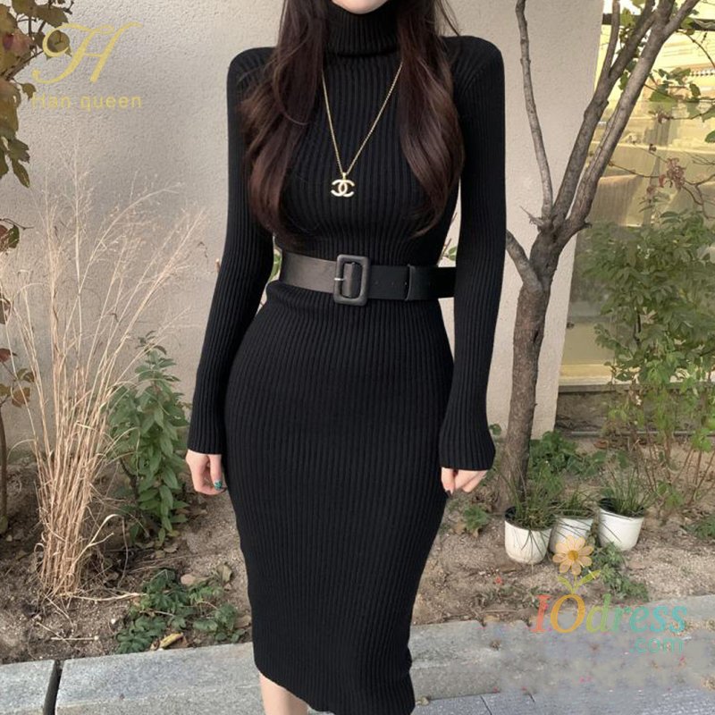 IO Dress H Han Queen Knitted Turtleneck Sweater Bodycon Dress Bottoming Women Soft Elastic Autumn Winter Midi Party Dresses With Belt