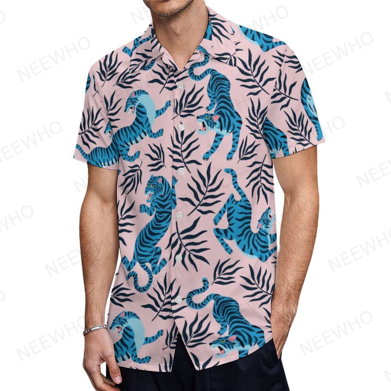 SFneewho® Pink Blue Tiger Tropical Leaves Men