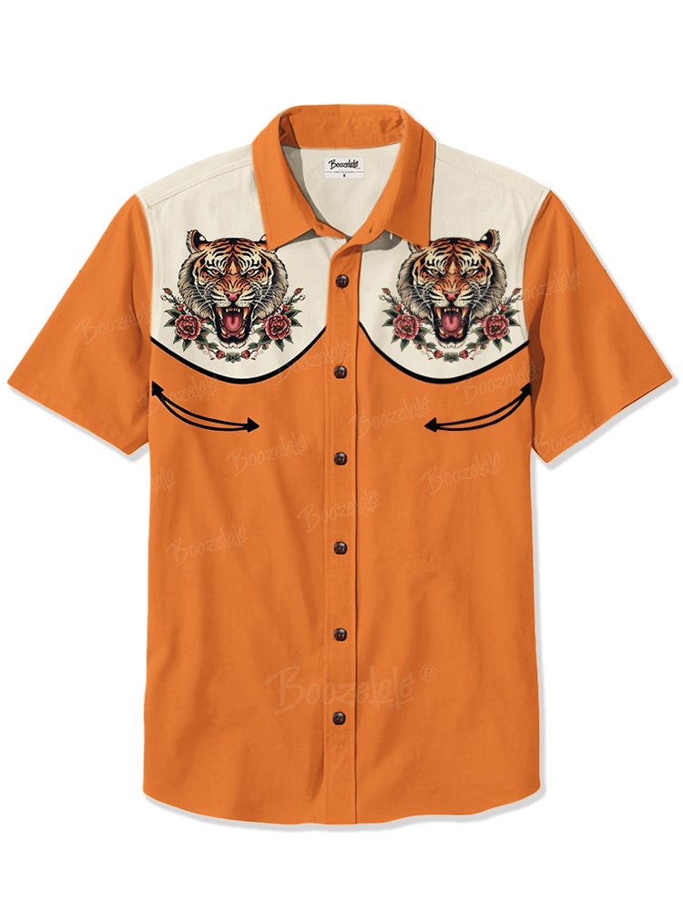 新品tigrebrocante bartuckshirtjbcket Men's Retro tattoo Tiger Print 100% Cotton Shirt