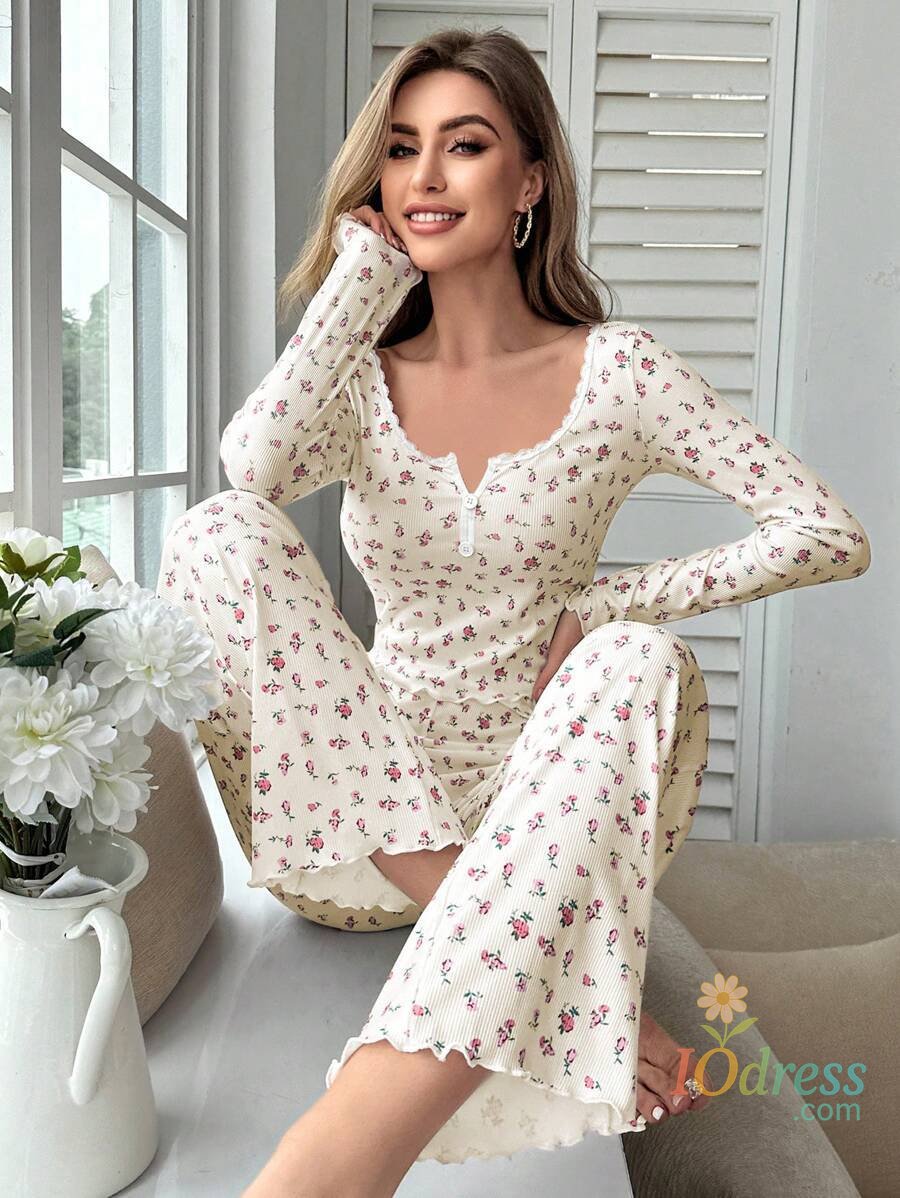 IO Dress Sleepwear Women Floral Print Lettuce Trim Top with Long Pant Lovely Loungewear Full Sleeve Nightwear Spring Autumn Pajamas Set
