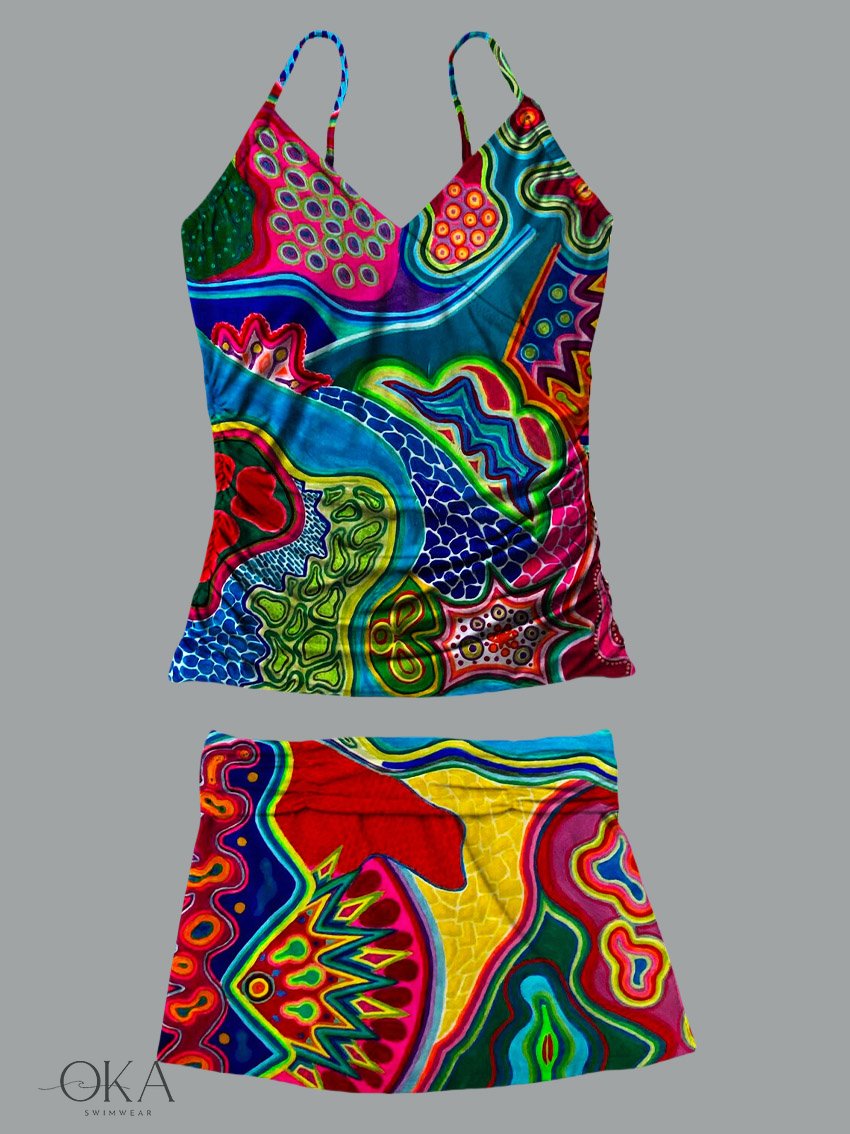Women's V-Neck Retro Colorful Hippie Print Suspender Skirt Split Swimsuit Skirt Suit Swimsuit