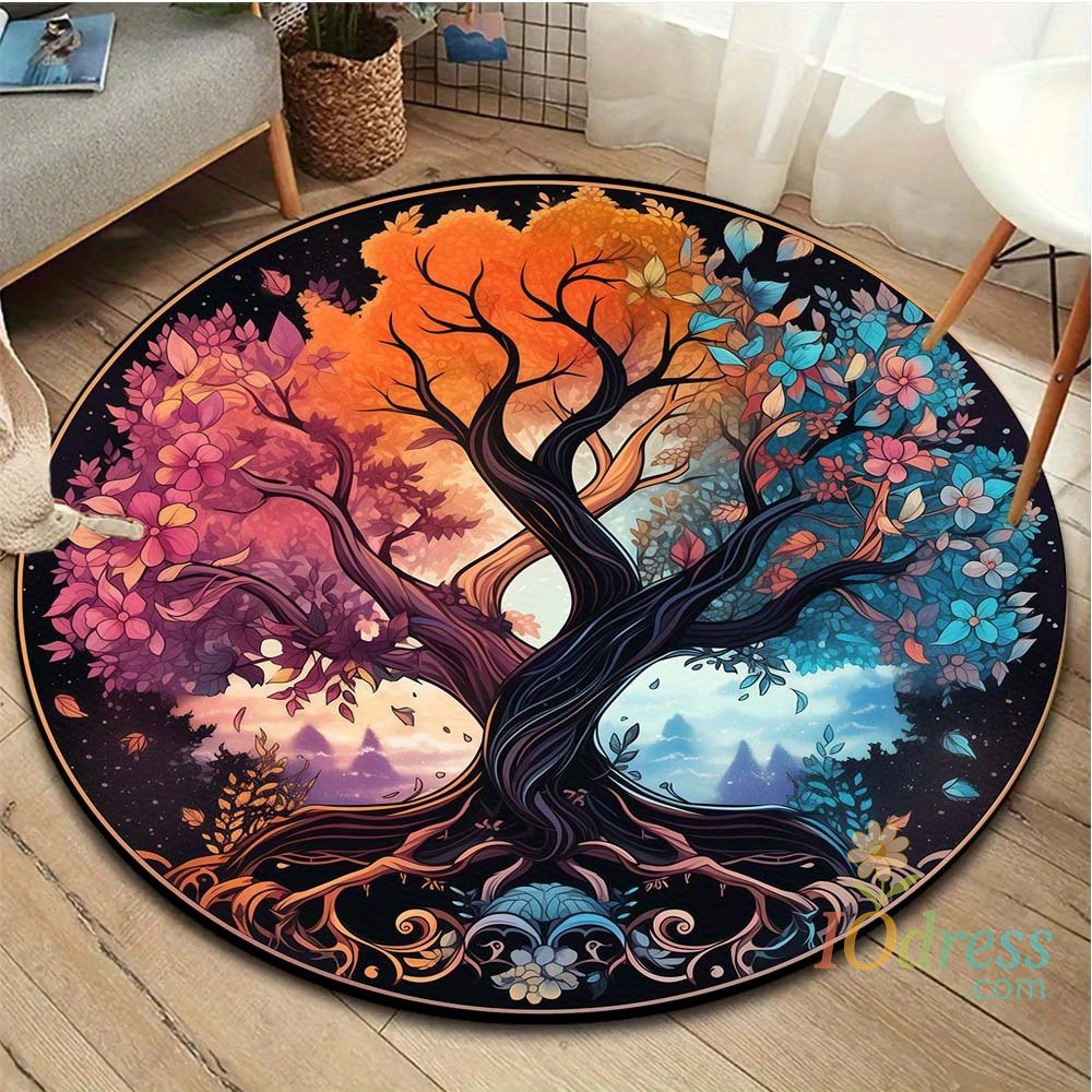 IO Dress Velvet Crystal Velvet 3D Colorful Tree of Life Pattern Round Mat, Lightweight Washable Carpet, Suitable for Living Room Bedroom