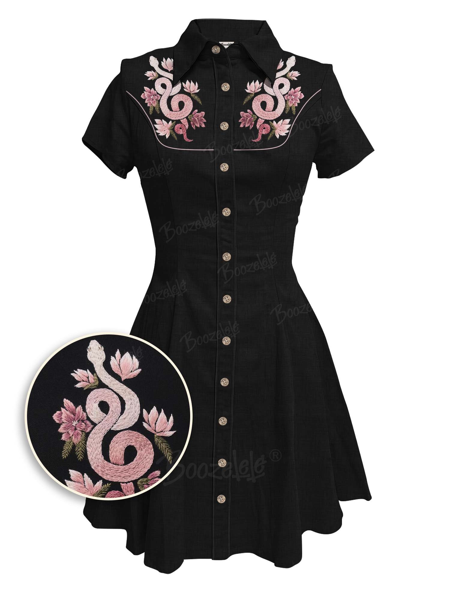 EmbroideryFlower And Snake Women's Western Cowboy Dress Short Sleeve  Buttondown 100% Cotton