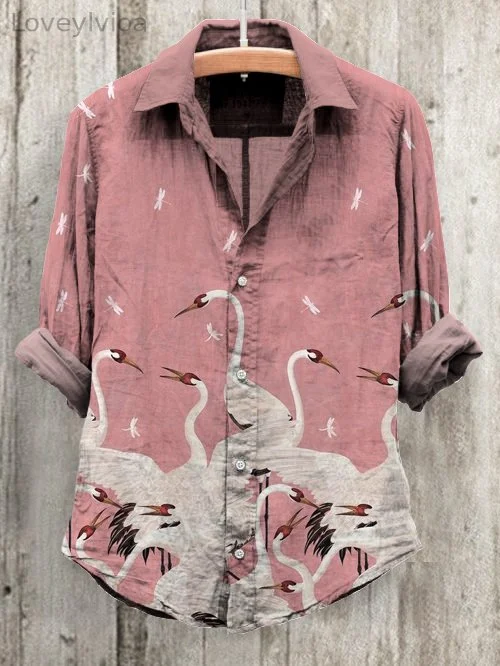 Women's Retro Dragonfly White Crane Art Print Long Sleeve Cotton And Linen Shirt