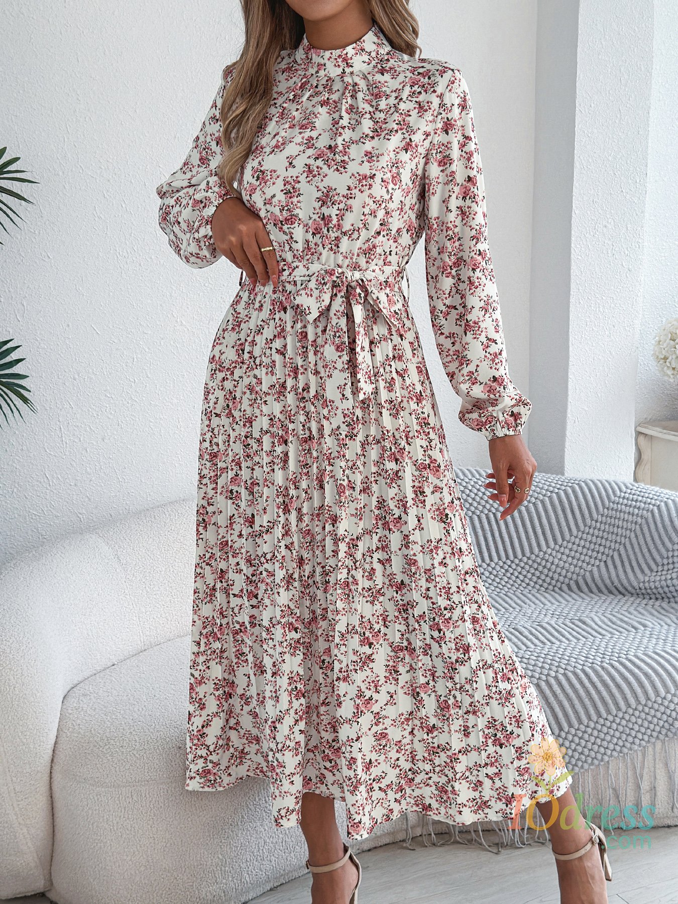 IO Dress Floral Stand Up Collar Bridesmaid Dress Spring Summer Casual Elegant Long Sleeve Waist Cinched Pleated Long Dresses for Women