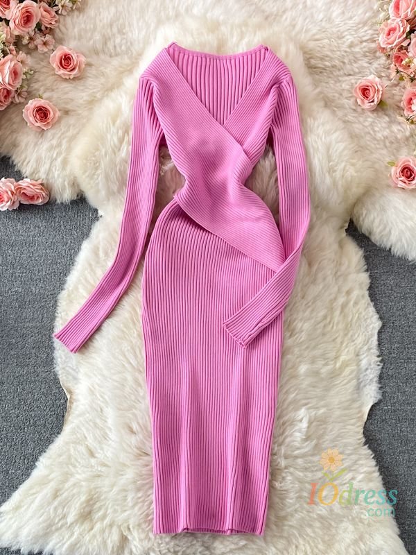 IO Dress YuooMuoo Autumn Winter 2023 Women Dress Elegant Cross V-neck Slim Waist Knitted Bodycon Dress Korean Office Lady Vestidos