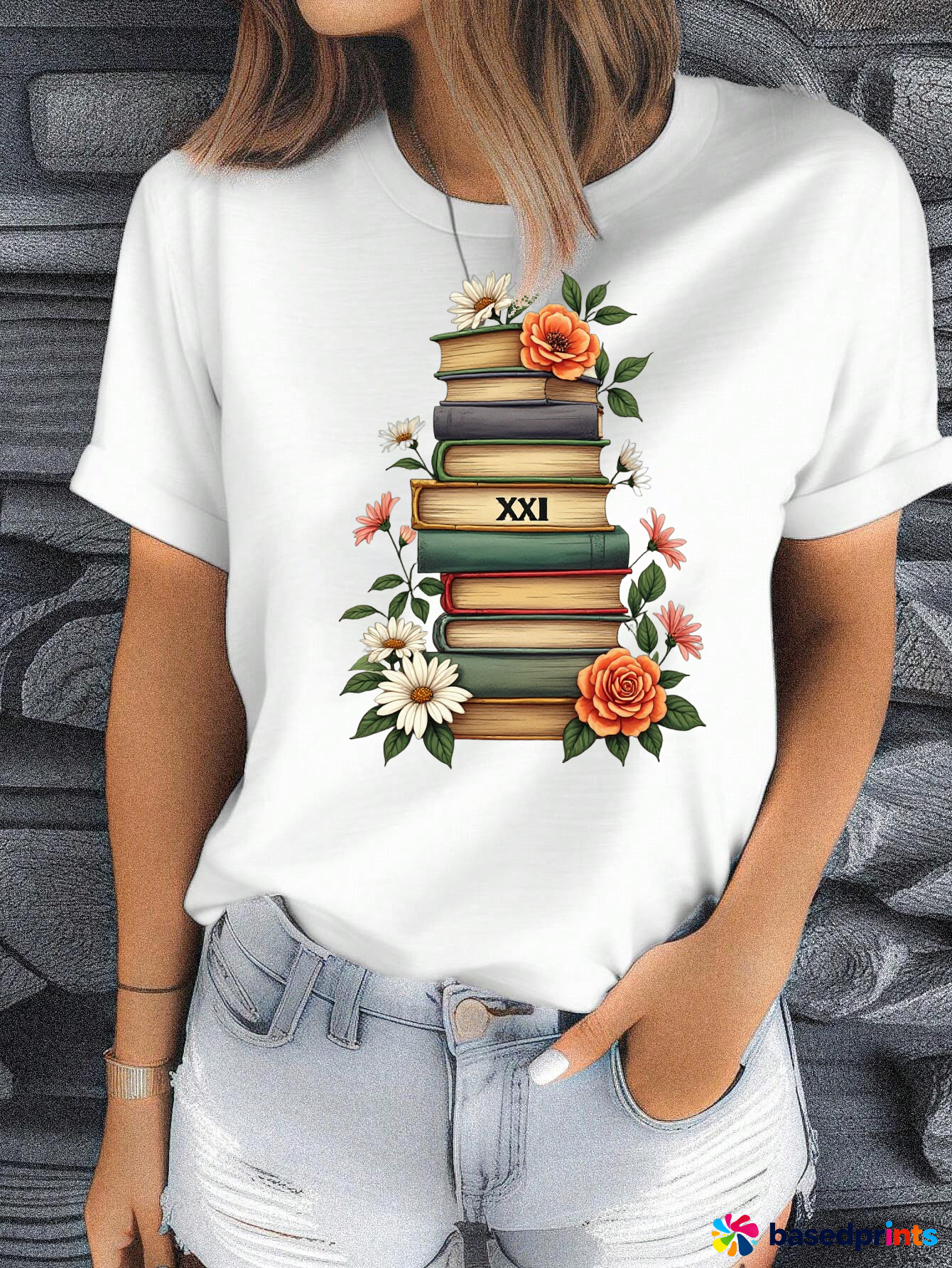 Book Stack Floral Print T-Shirt Women Summer Casual Short Sleeve Top