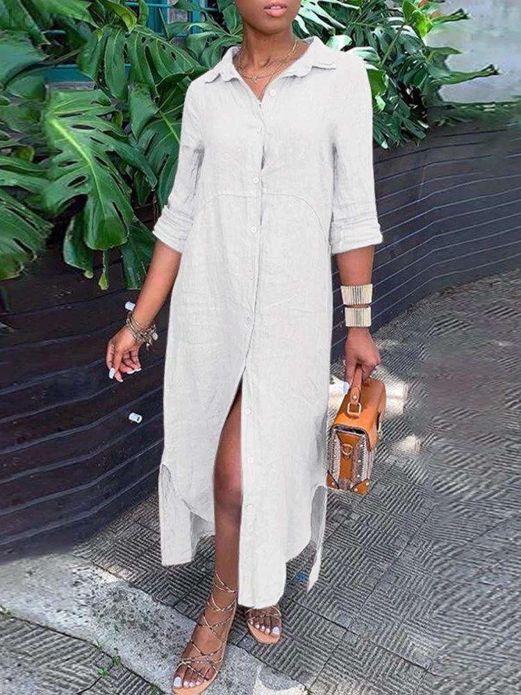 Solid Color Button Lapel Collar Shirt Maxi Dress