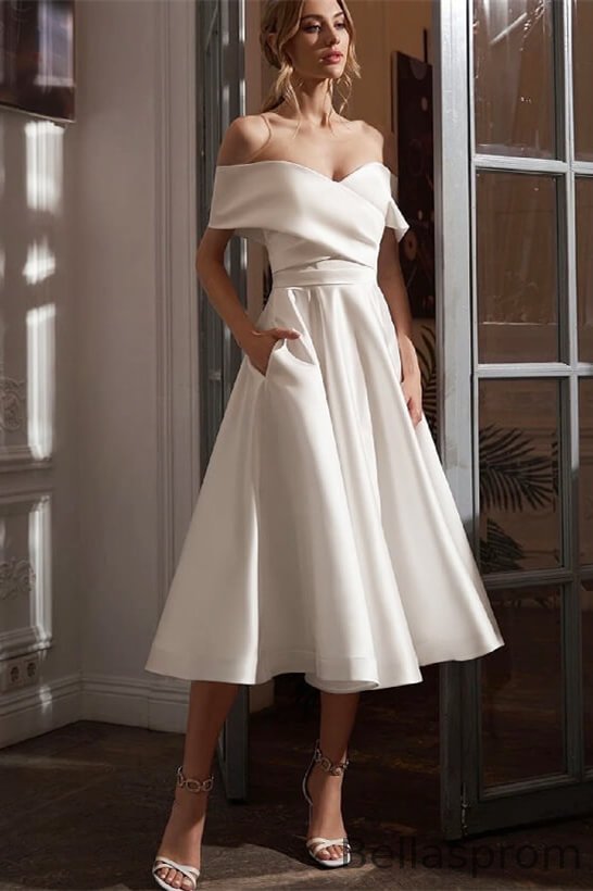 Bellasprom Sweetheart Off-the-Shoulder Satin Short Bridal Dresses With Pockets  Lace-up Back