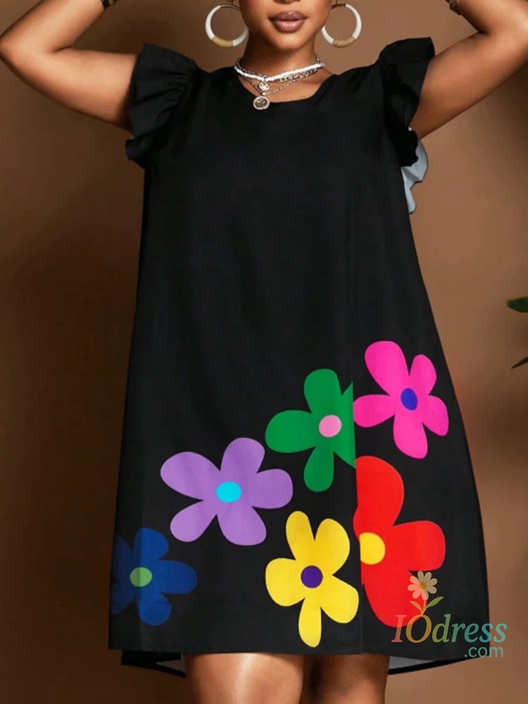 IO Dress Women's Plus Size Mini Dress Ruffle Sleeve Round Neck Floral Printed Casual Elegant Retro Summer Loose Mid Dresses Vestidos