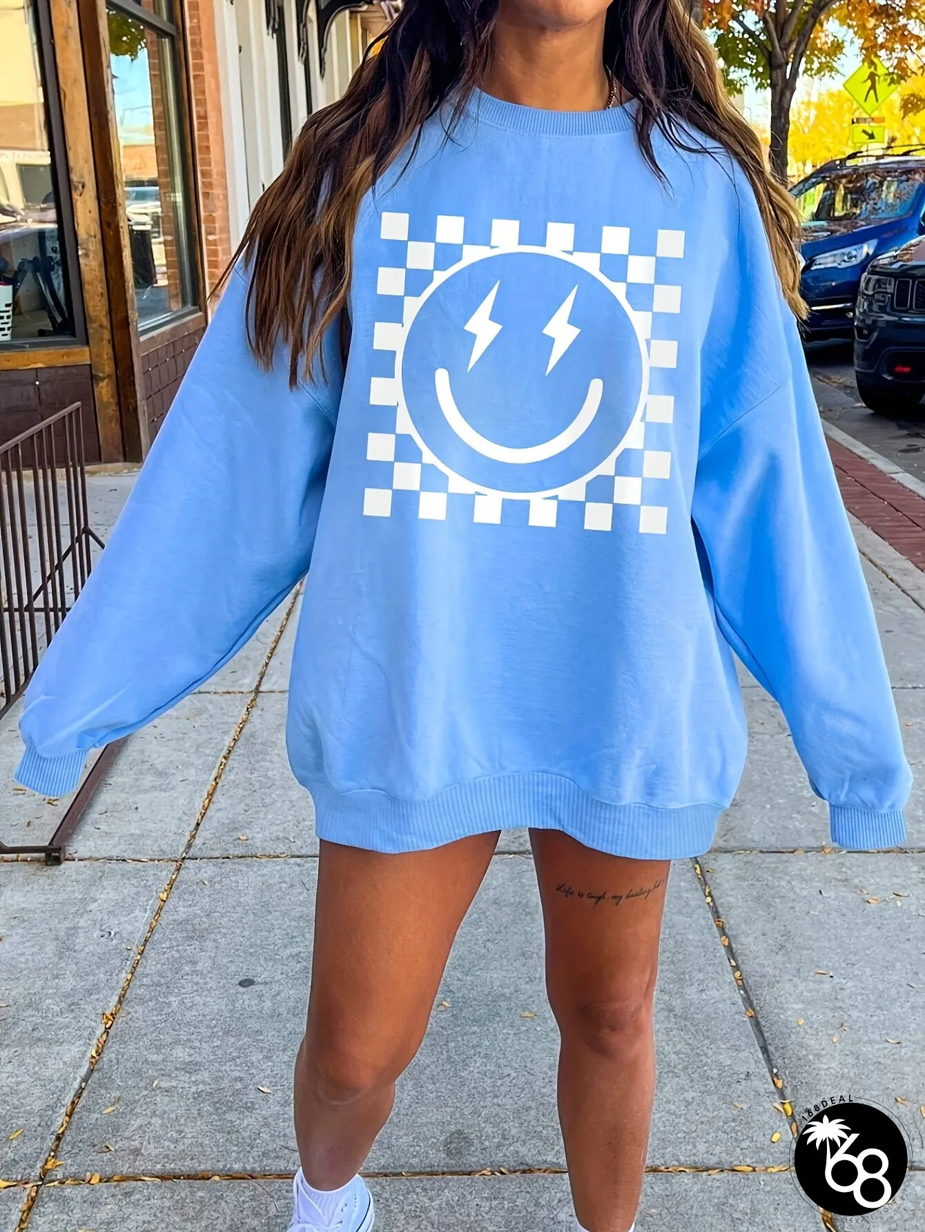 Womens joyful Face Lightning Bolt Checkered Print Sweatshirt Oversized Logo Soft Casual | 168DEAL