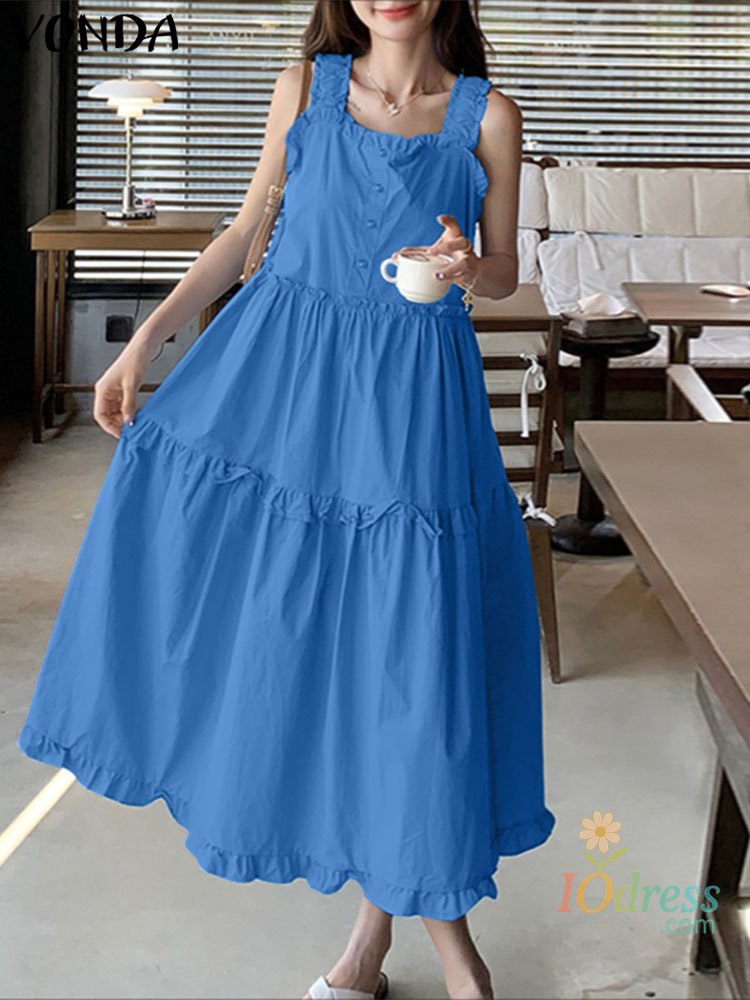 IO Dress VONDA Summer Beach Dress Women Long Maxi Sundress 2025 Fashion Sexy Square Collar Solid Sleeveless Ruffled Holiday Party Vestido