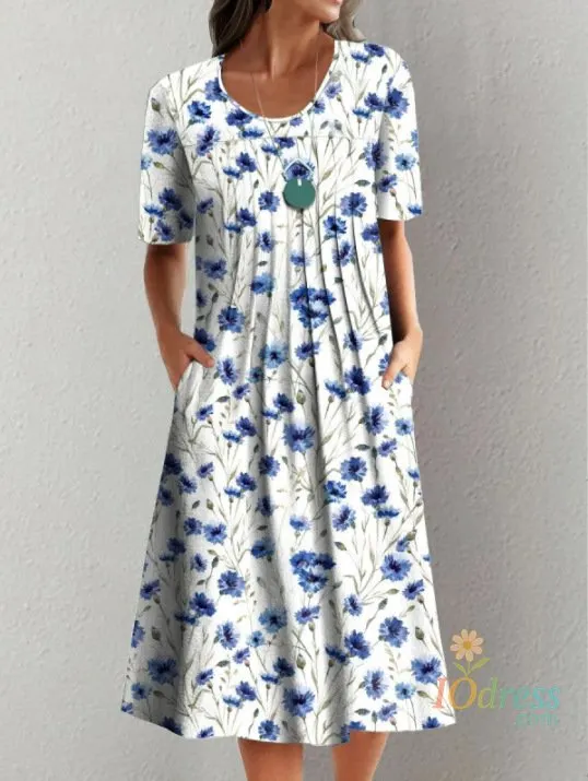 IO dress Spring Summer Women's Dresses Folds Elegant Casual Loose Round Neck Vestidos New Floral Printing Short-sleeved Dress For Female IO Dress