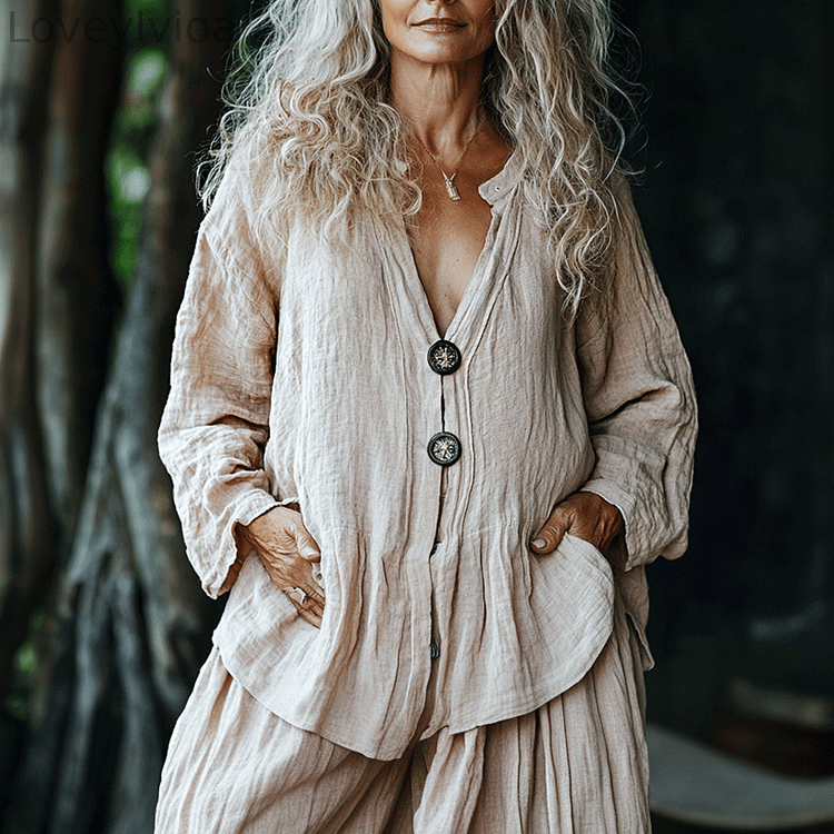 Women's Linen V-neck Casual Long-sleeved Shirt