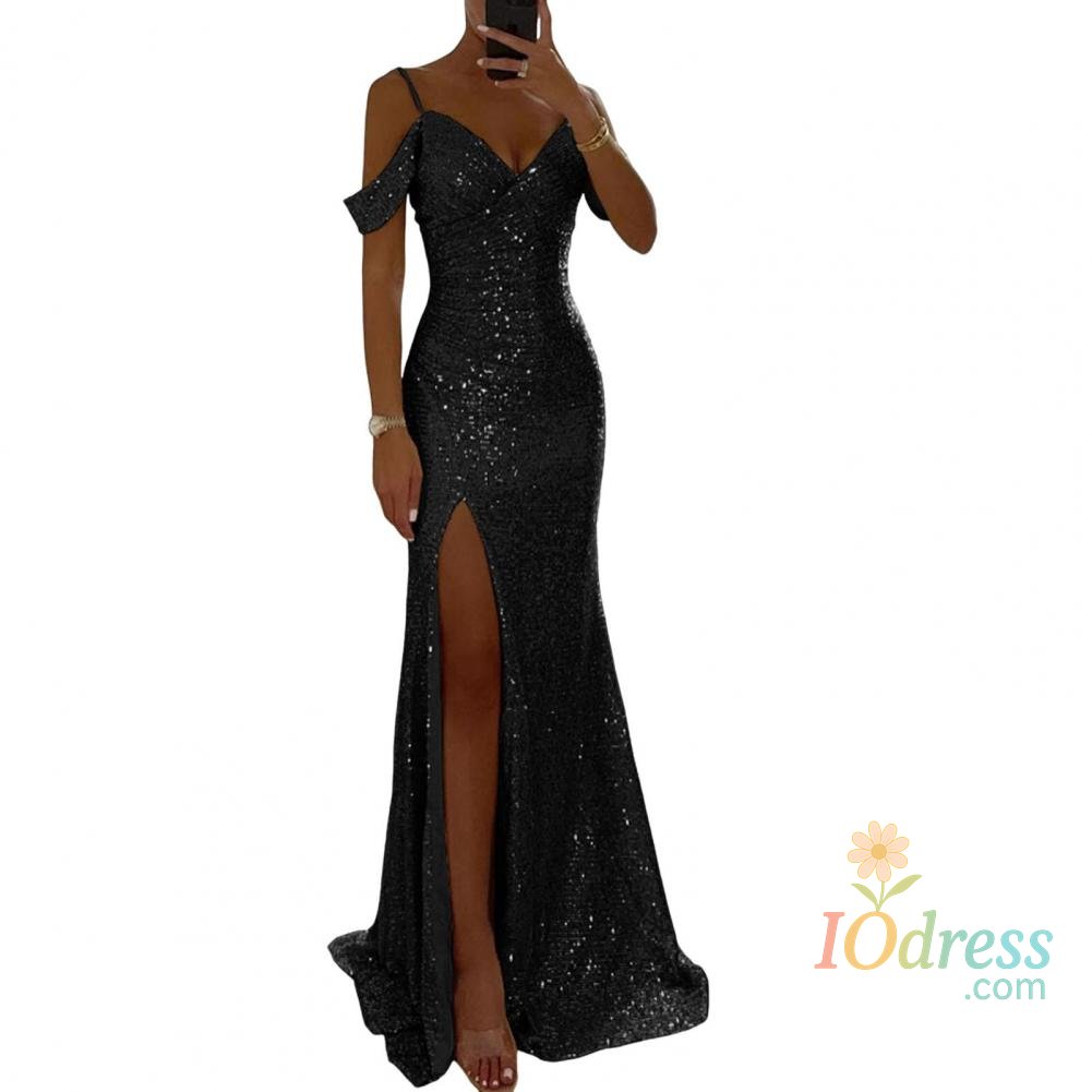 IO Dress Long Dress Off Shoulder Dress Elegant Sequin Ball Gown for Prom Wedding Parties Off Shoulder V Neck Maxi Dress with Side Slit
