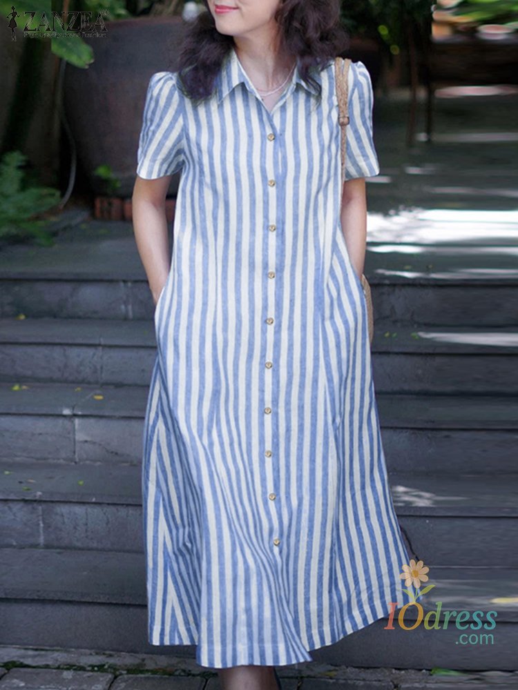 IO Dress 2025 choice Summer Fashion Shirt Dress Women Lapel Neck Short Sleeve Striped Midi Dresses Elegant Work Sundress Buttons Vestidos
