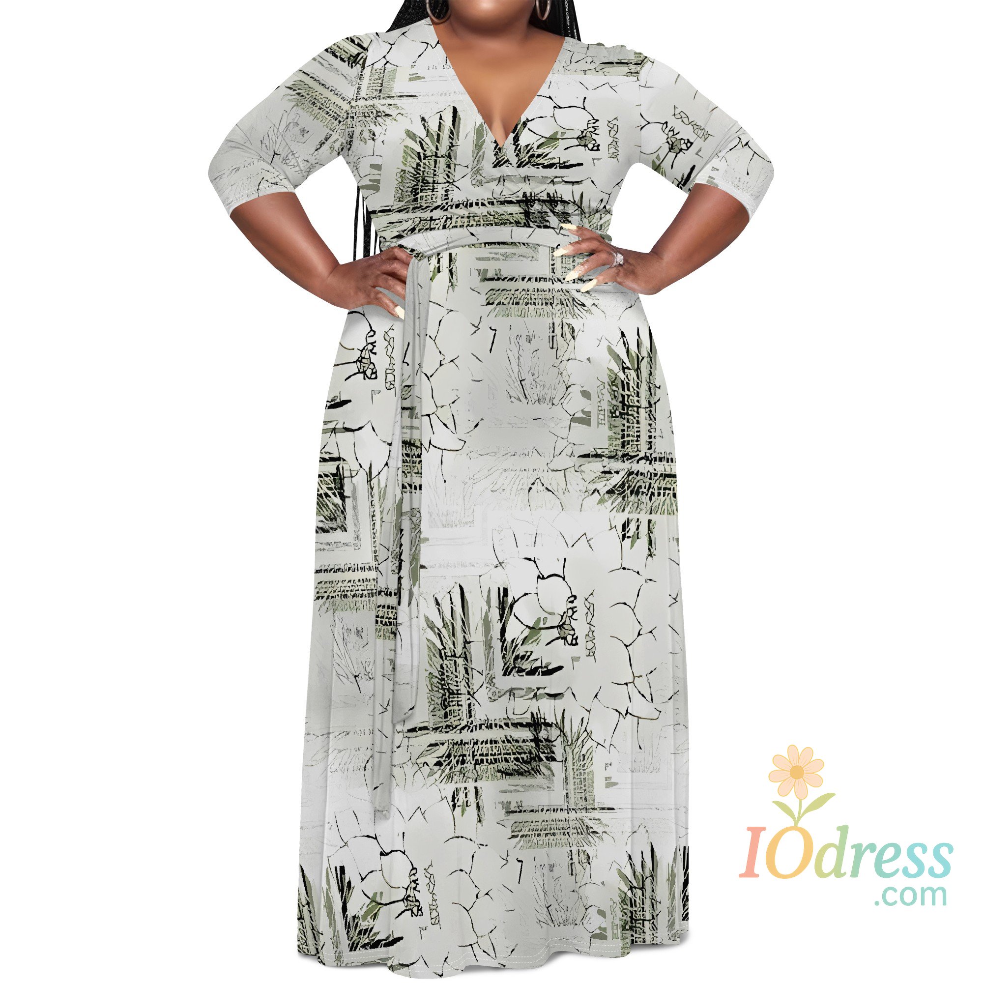 IO Dress EQQZD Mid Sleeve V-neck Maxi Dress, Plus Size Dresses, Fashion Patchwork Print Dress with Belt
