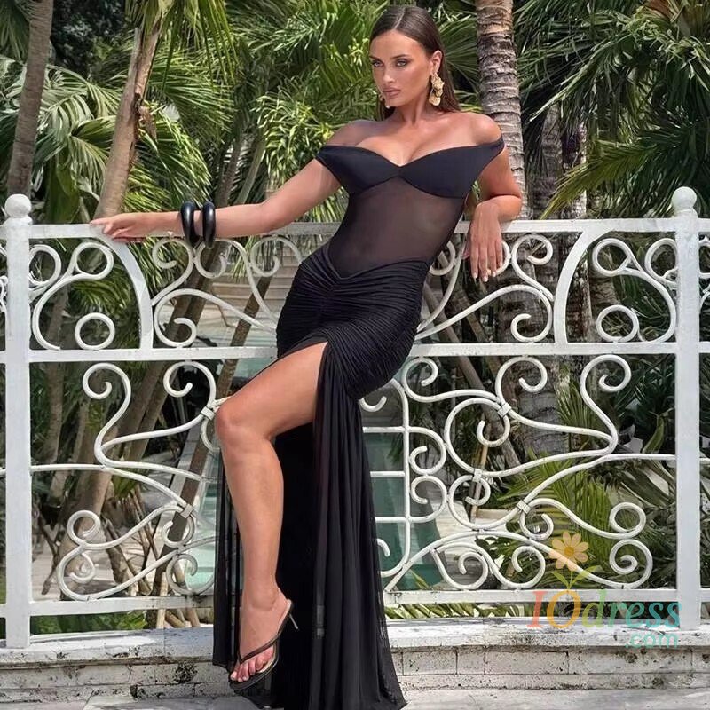 IO Dress Townlike Pleated Slim Bodycon Maxi Long Dress Women Off Shoulder 2025 Autumn Winter Dress Lace Patchwork Sexy Party Dresses