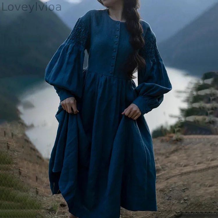 Vintage Solid Comfy Puff Sleeve Maxi Dress