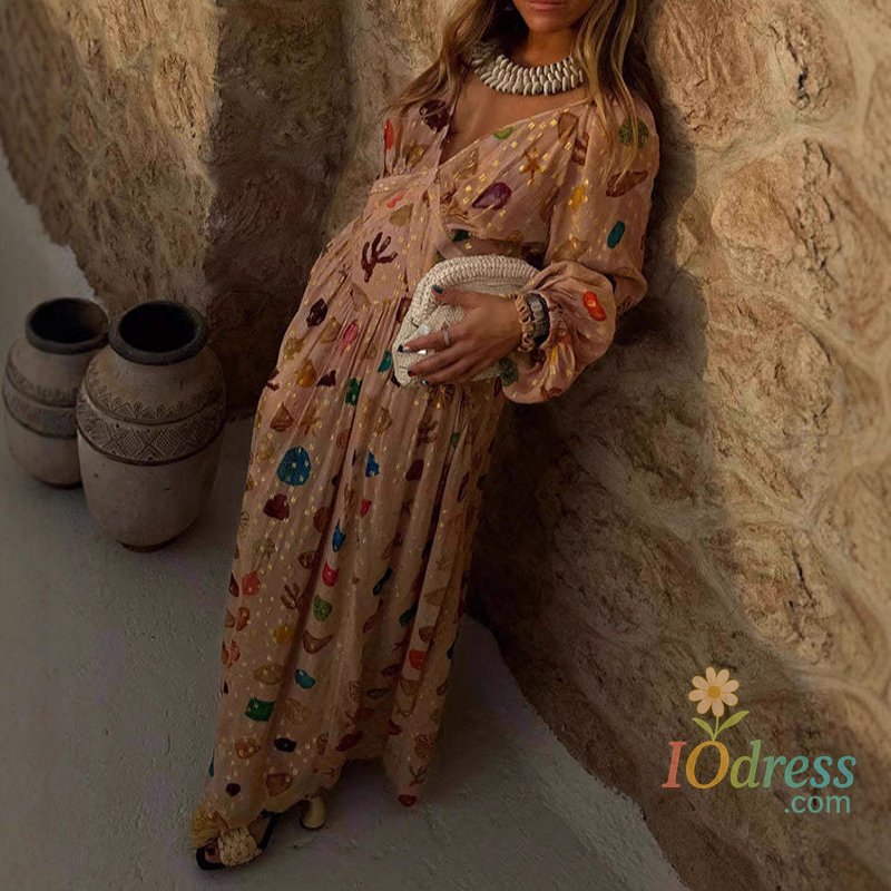 IO Dress Elegant V-neck Hight Waist Holiday Long Dress Women Casual Long Sleeve Bohemian Dress Fashion Pattern Print Chiffon Party Dress