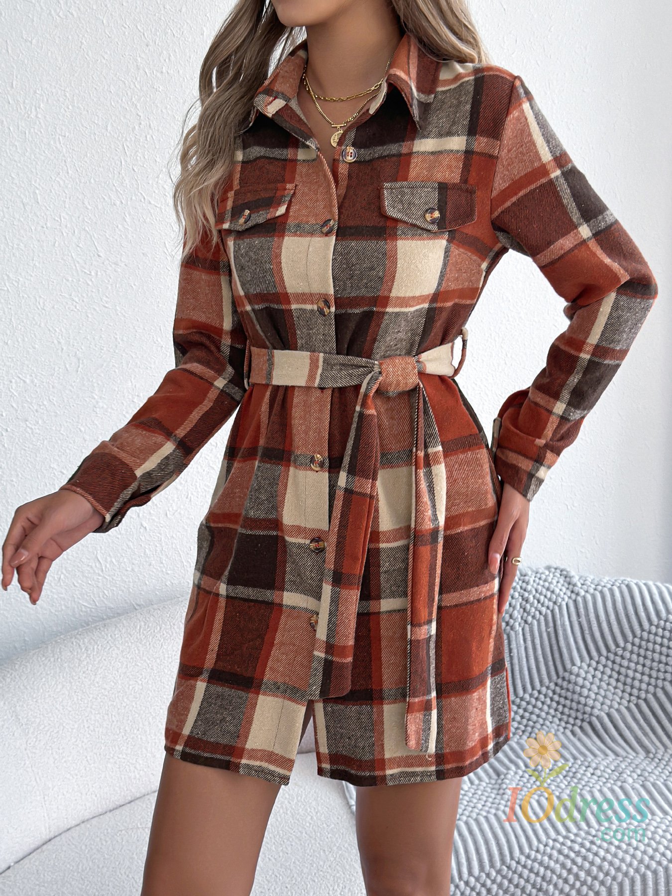 IO Dress Autumn Winter Color Block Plaid Single Breasted Women Dress 2025 Long Sleeved Fake Pocket Jacket Dress with Belt