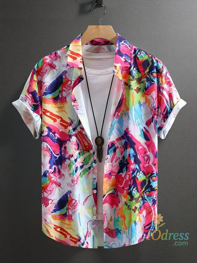IO Menswear Men's Summer Casual Shirt Vibrant 3D Print Graffiti Art Short Sleeves Lapel Button-Up Top Stylish Streetwear Colorful Shirt Man