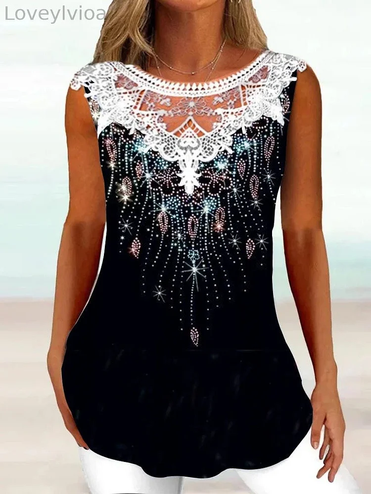Lace Patchwork Glitter Graphic Tank Top