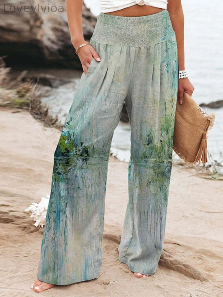 Abstract Art High Waist Pocket Wide Leg Casual Pants