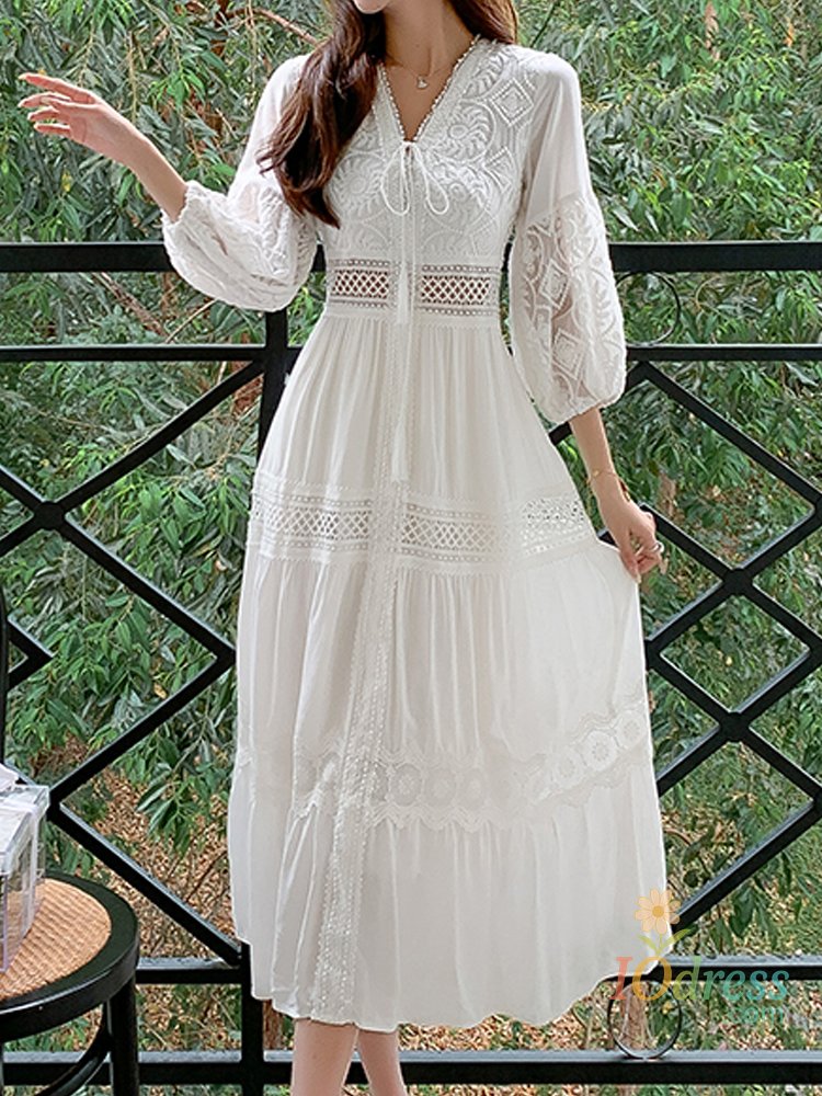 IO Dress White Long Dress Women Summer Boho Lace Dresses Female Beach Holiday Hollow Out Dress Ladies Elegant Vintage Loose Vestidos