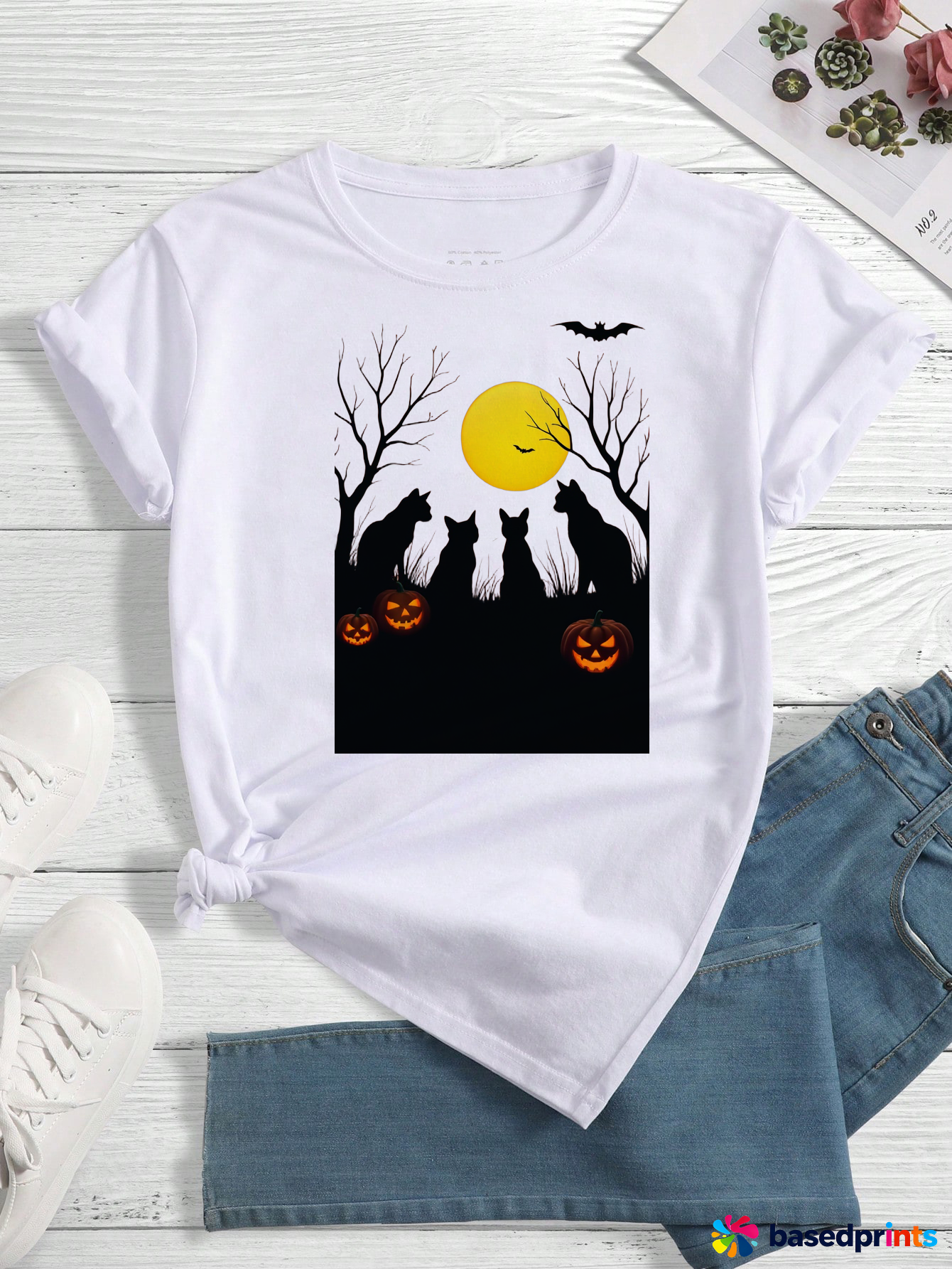 Halloween Cat T-Shirt Cotton Casual Tee