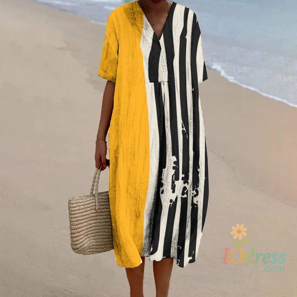 IO Dress Asymmetric pattern Print Linen Dress yellow Maxi Baggy dress luxury brand designer Vintage V Neck A-line Elegant Beach Dresses