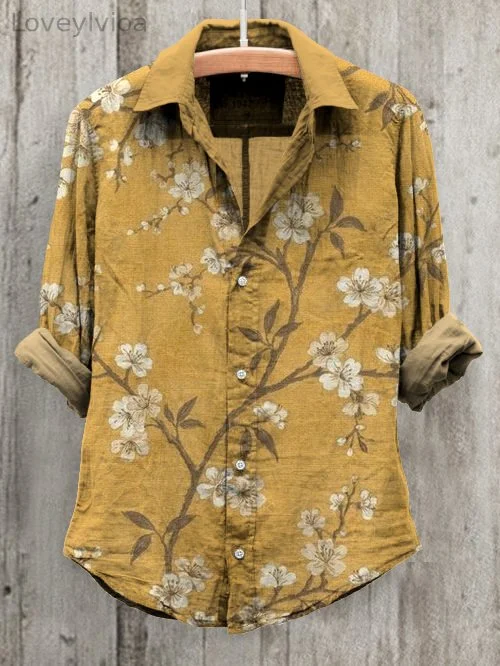 Women's Floral Art Print Long Sleeve Cotton And Linen Shirt