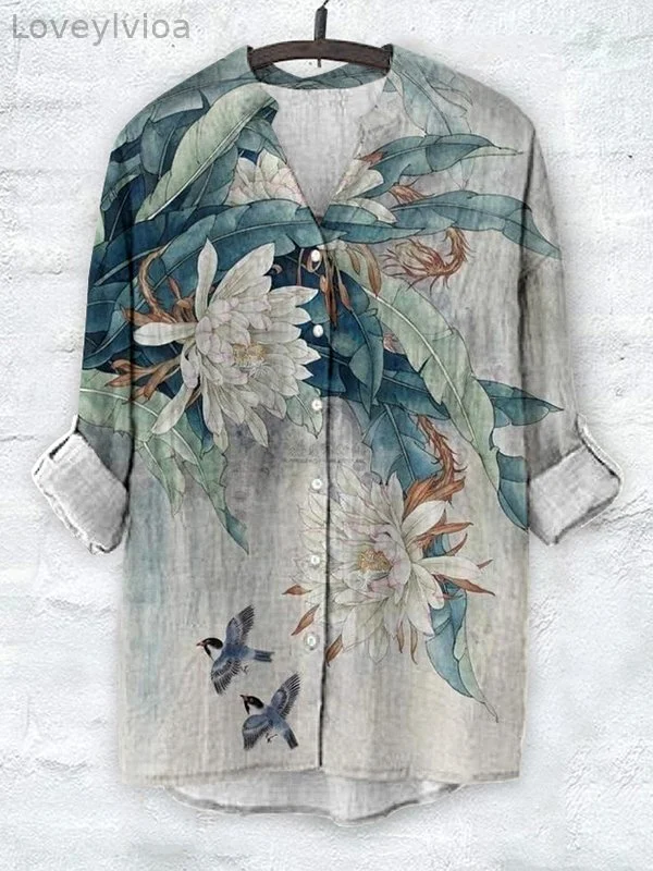 Women's Epiphyllum Floral Birds Art Print Long Sleeve Cotton And Linen Shirt