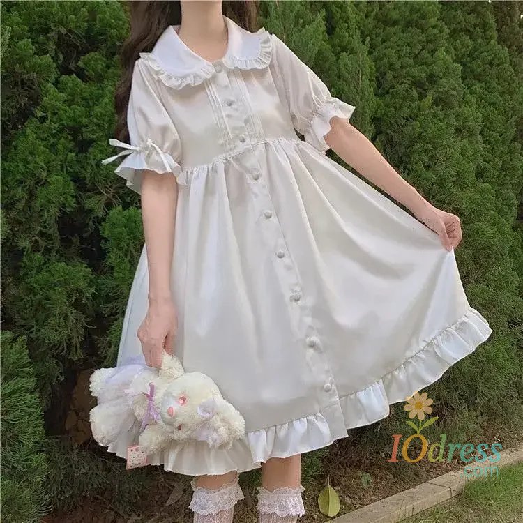 IO Dress Japanese Sweet Girl Lolita Dress White 2021 Summer Kawaii Peter Pan Collar Cute Ruffle Puff Sleeve Drees Elegant Lady Dresses