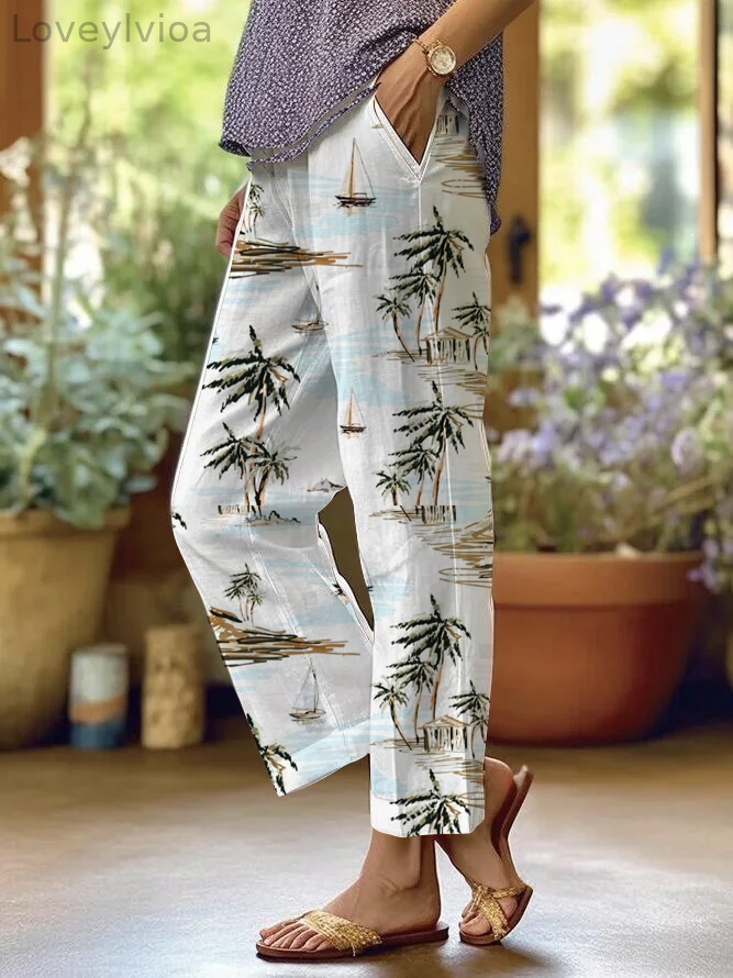 Women's Beach Resort Style Printed Elastic Waist Straight Pants