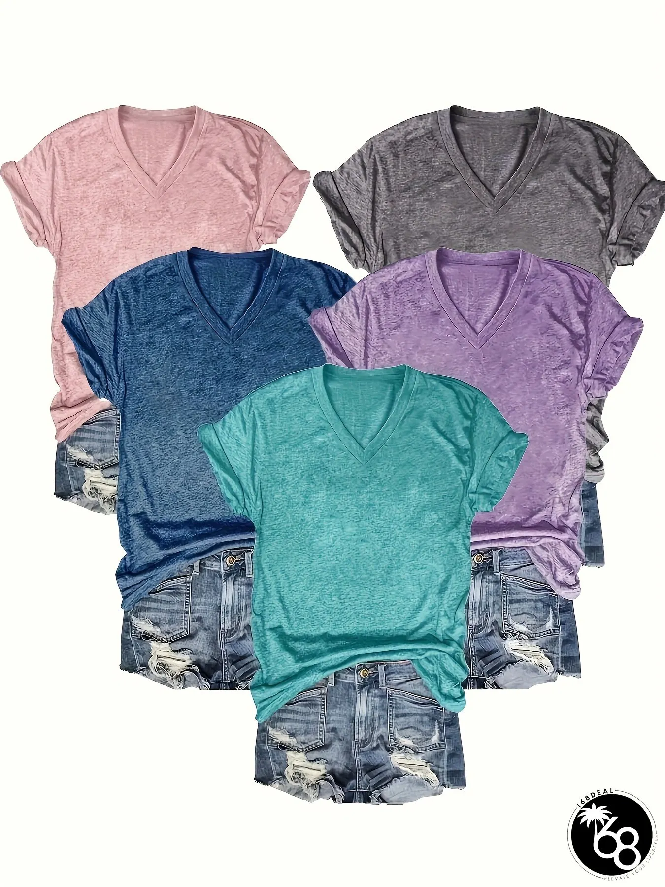 5 Solid Color V-Neck T-Shirts, Casual Short-Sleeved T-Shirts Spring And Summer, Women‘s Clothing | 168DEAL