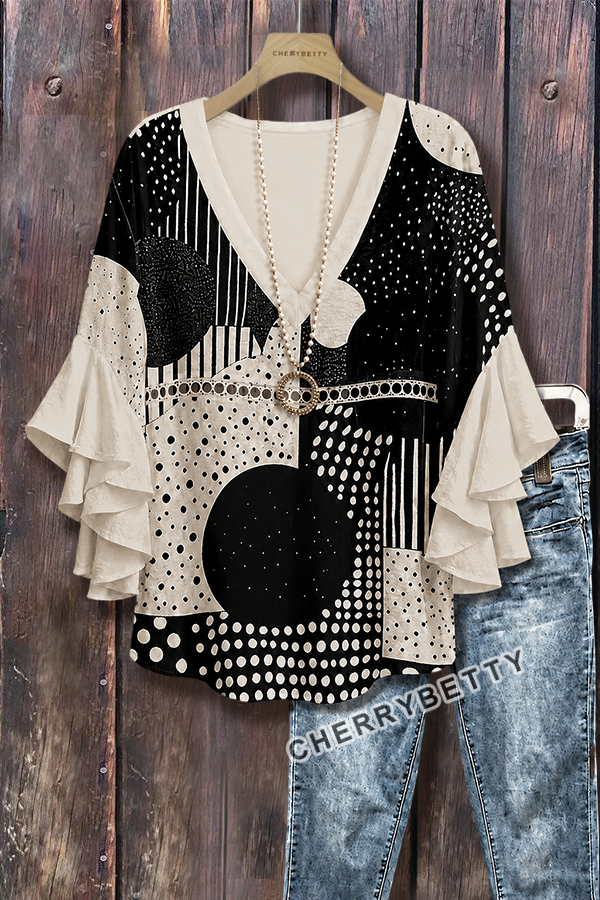 CHERRYBETTY Mixed Polka Dot Print Hollow Out Ruffle Sleeve Top