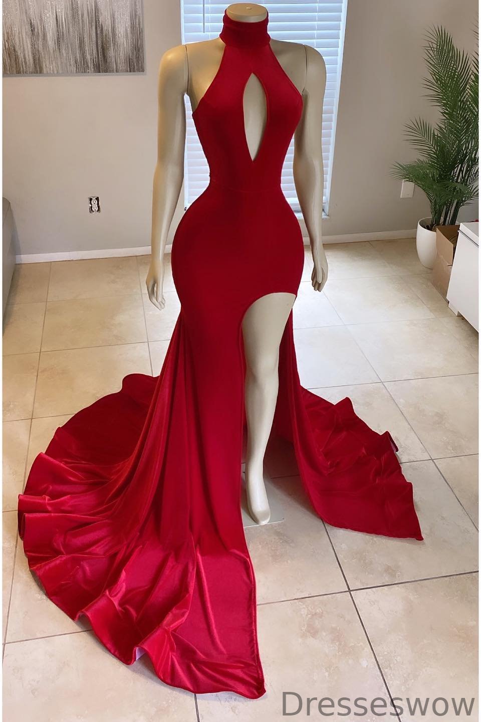 Dresseswow High Neck Red Mermaid Evening Dress Long Split With Sleeveless