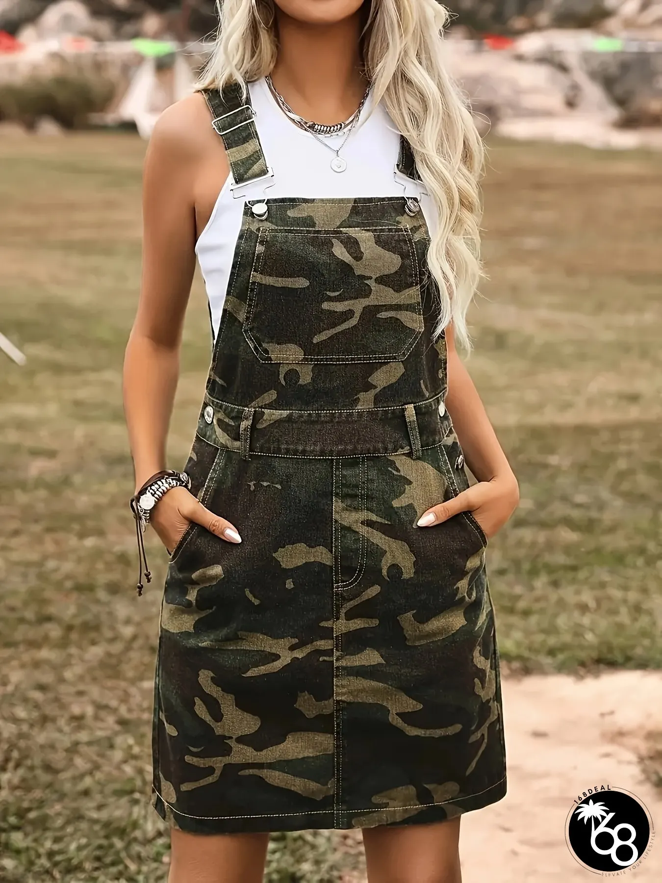 Camouflage Non-stretch Suspender Denim Skirt For Ladies | 168DEAL