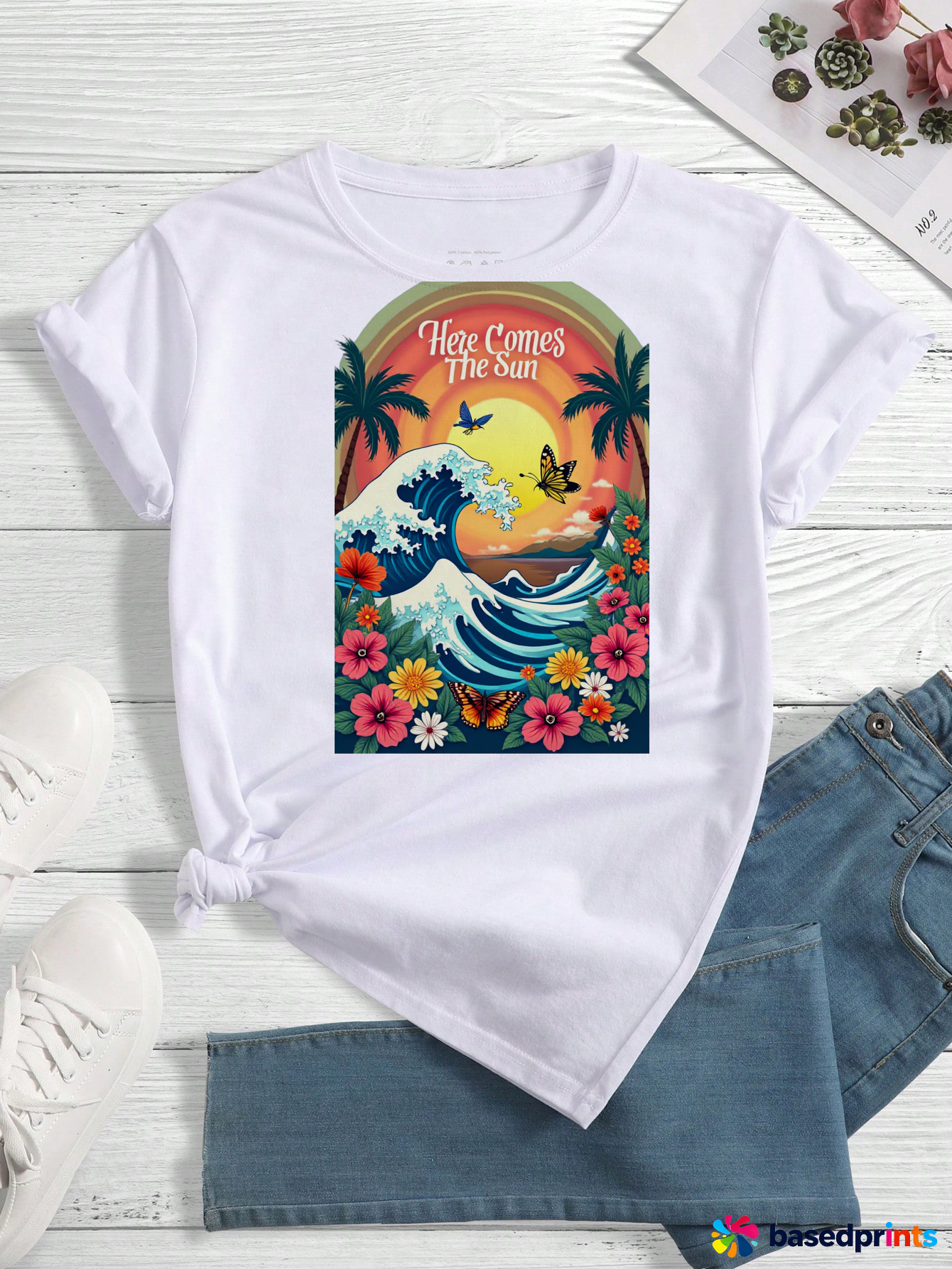 Summer Beach Waves Butterfly Floral Print T-Shirt
