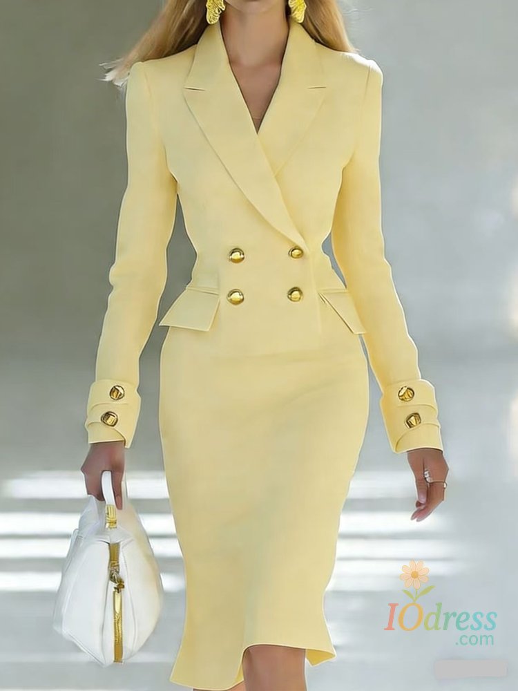 IO Dress Elegant V-neck Double breasted Blazer Dress Fashion Commute Hight Waist Solid Party Dress Lady Casual Long Sleeve Wrap Hip Dress IO Dress Store
