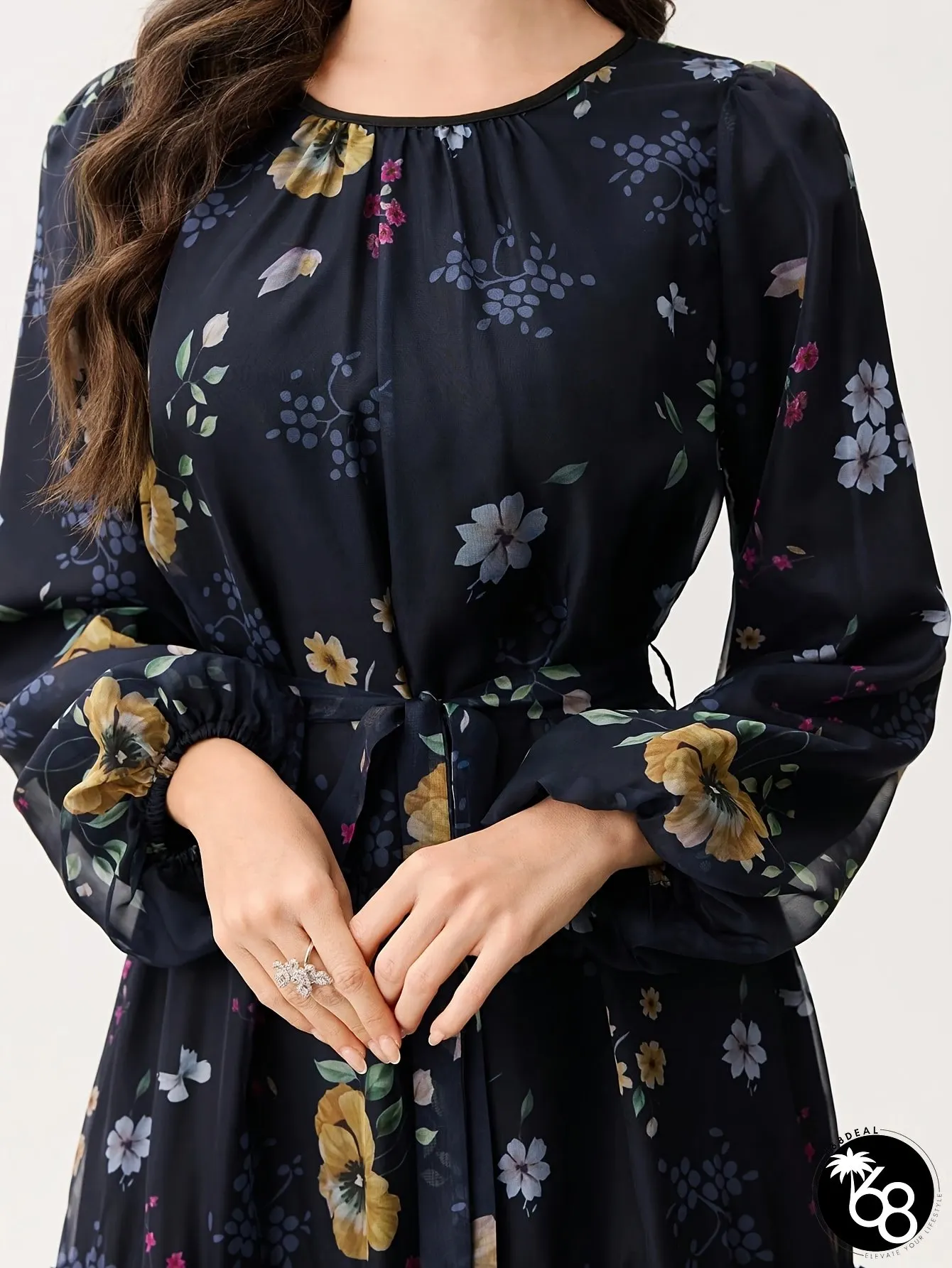Womens Floral Print Chiffon Maxi Dress with Tie-Up Waist Elegant for Spring and Autumn | 168DEAL