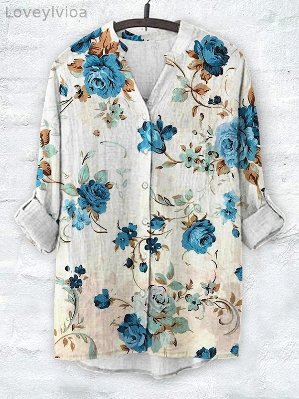 Women's Blue Rose Flower Art Painting Print Long Sleeve Cotton And Linen Shirt