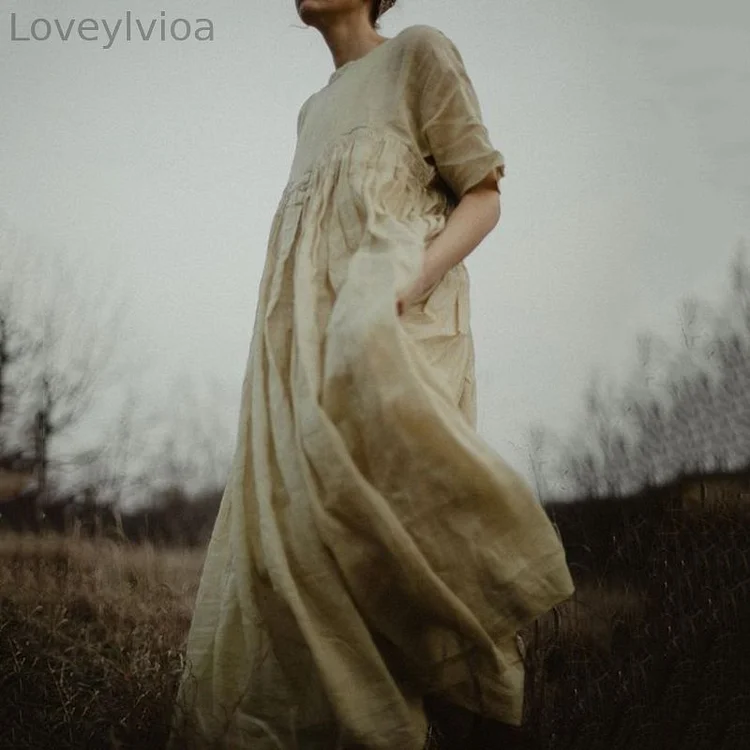 Vintage Cotton Linen Pleat Comfy Maxi Dress