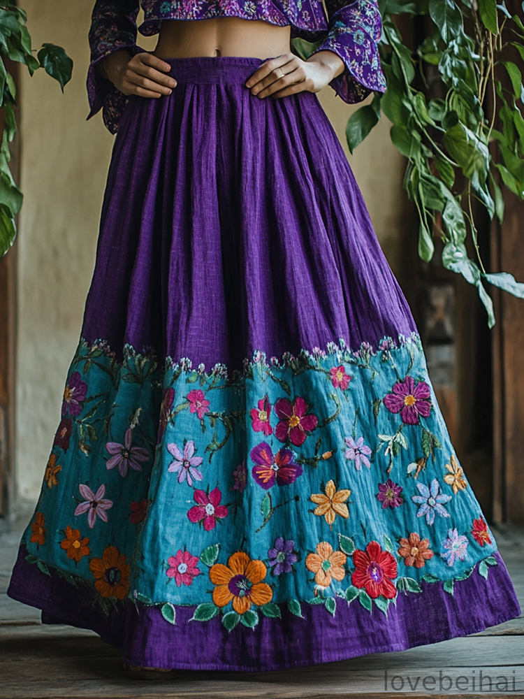 Women's Vintage Floral Art Linen Elastic waistband Pocket Skirt main image 1